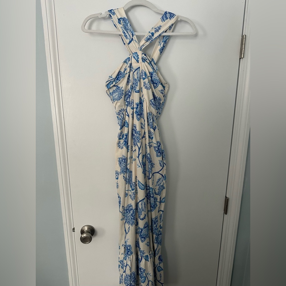 Grace Karin Blue and White Backless Floral Dress